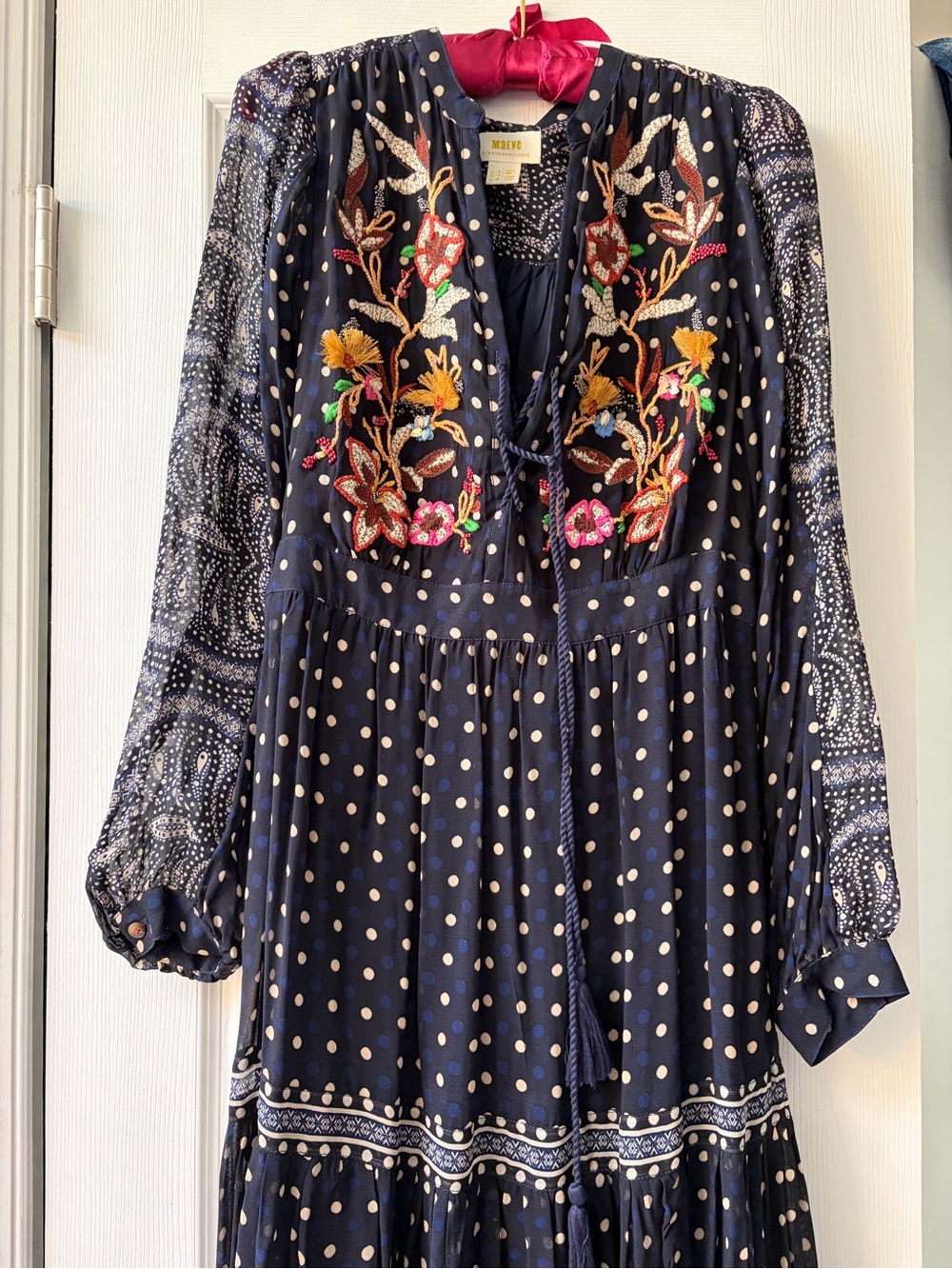 Maeve Navy Polka Dot Embroidered Peasant Blouse
